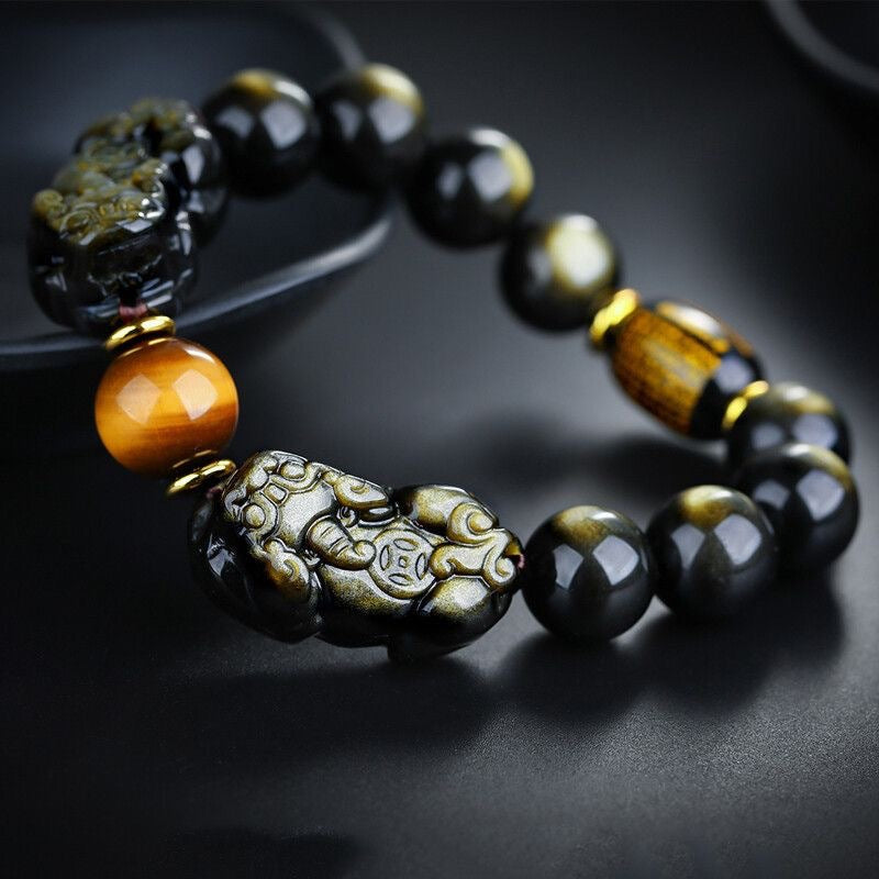 Natural Gold Obsidian Double Pixiu Bracelet