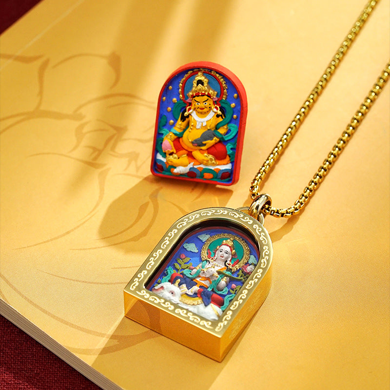 Tibetan Titanium Steel Gawu Box Hand-Painted Three-Dimensional Thangka Pendant