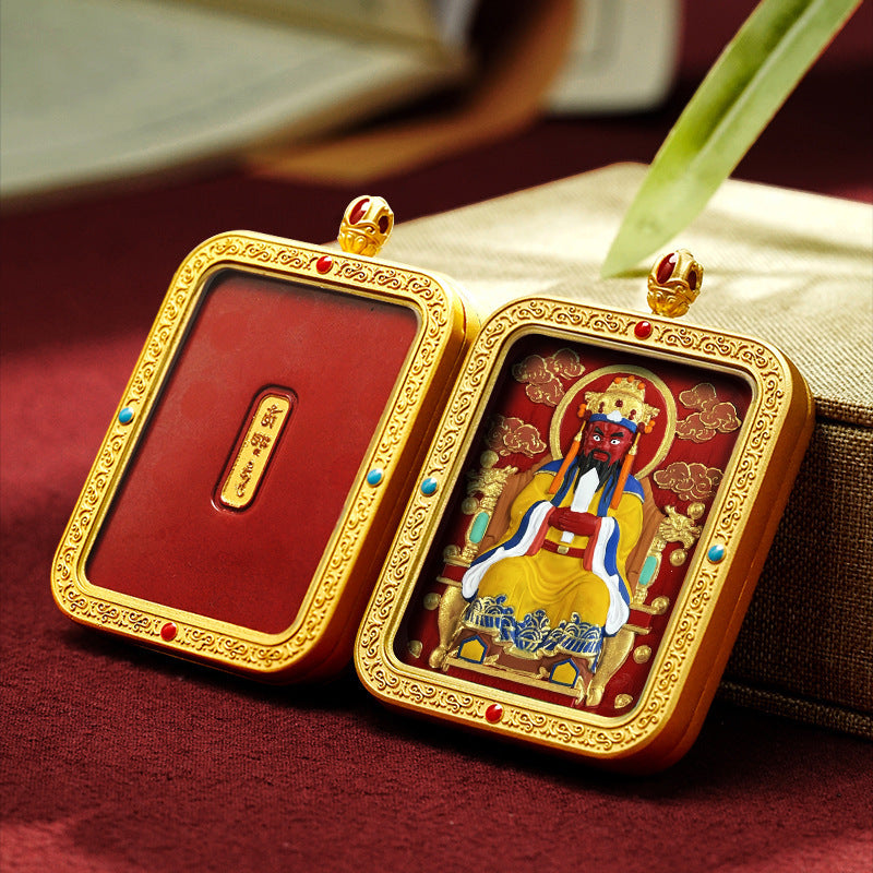 Tibetan Hand-Painted Cinnabar Square Plaque Brass Gawu Box Thangka