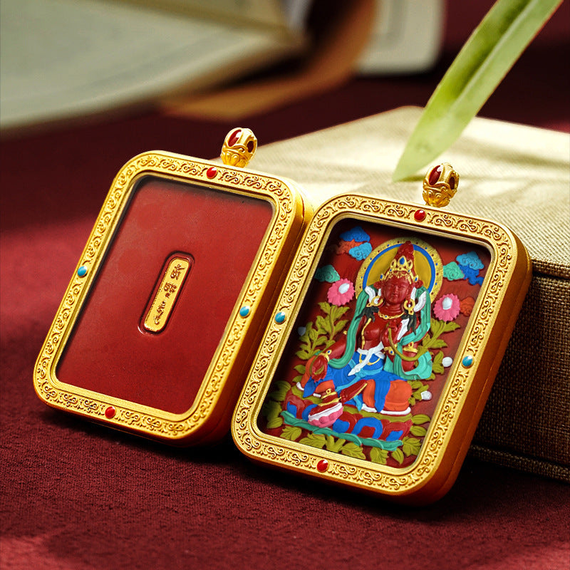 Tibetan Hand-Painted Cinnabar Square Plaque Brass Gawu Box Thangka