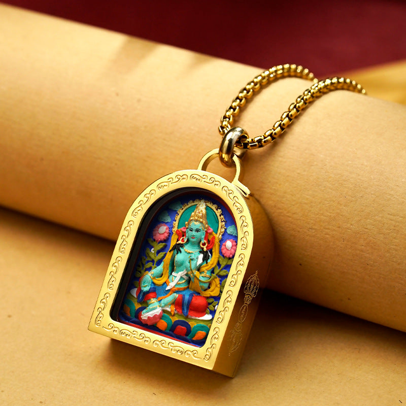 Tibetan Titanium Steel Gawu Box Hand-Painted Three-Dimensional Thangka Pendant