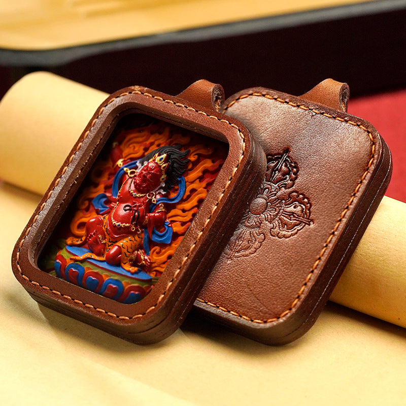 Hand-Painted Cinnabar Buddha Thangka Necklace Leather Gawu Box