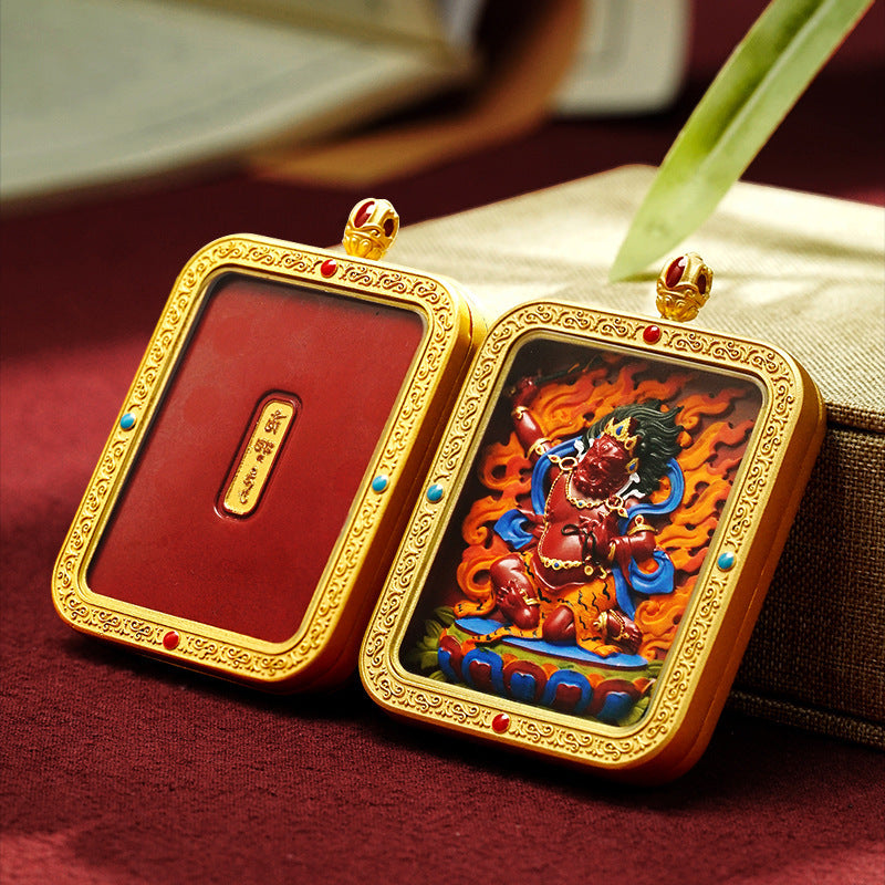 Tibetan Hand-Painted Cinnabar Square Plaque Brass Gawu Box Thangka