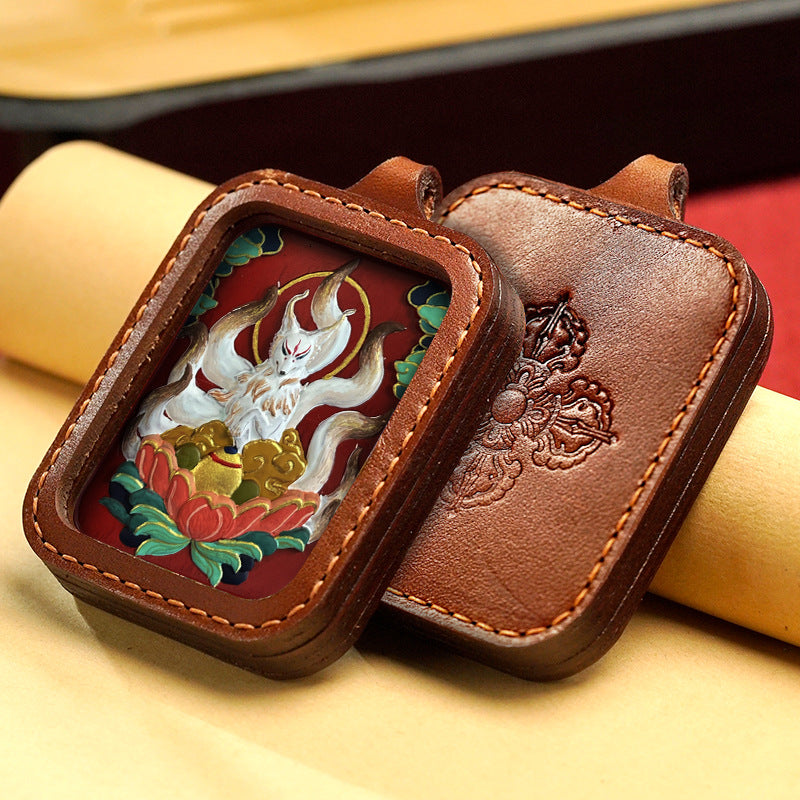 Hand-Painted Cinnabar Buddha Thangka Necklace Leather Gawu Box