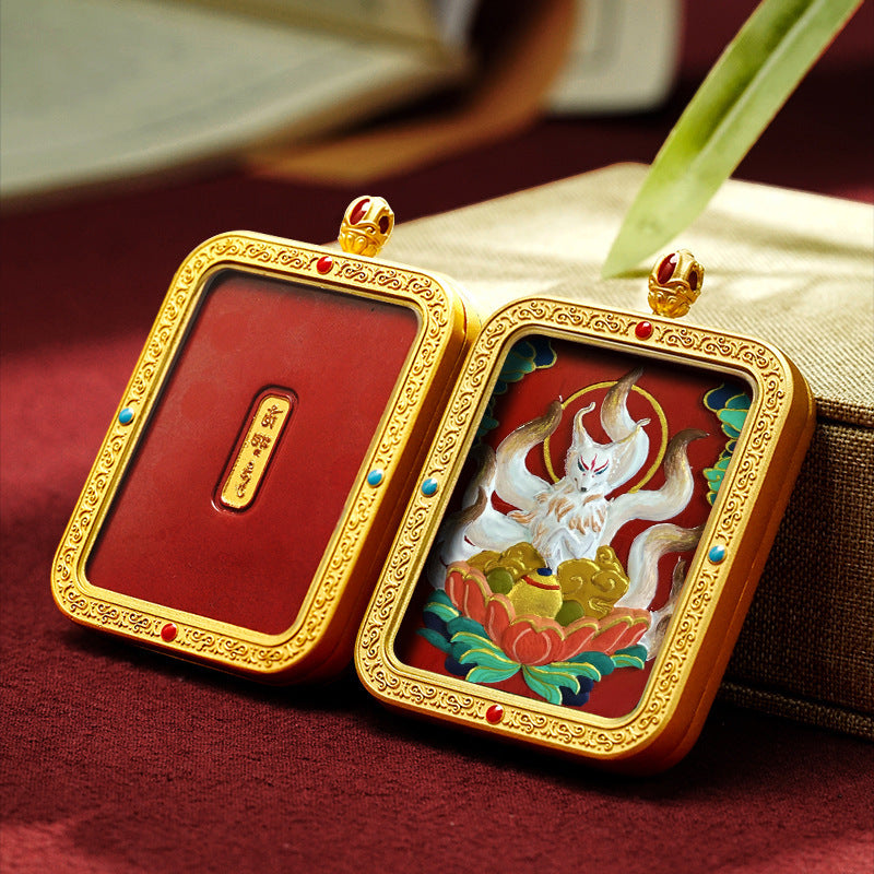 Tibetan Hand-Painted Cinnabar Square Plaque Brass Gawu Box Thangka