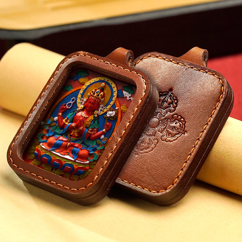 Hand-Painted Cinnabar Buddha Thangka Necklace Leather Gawu Box