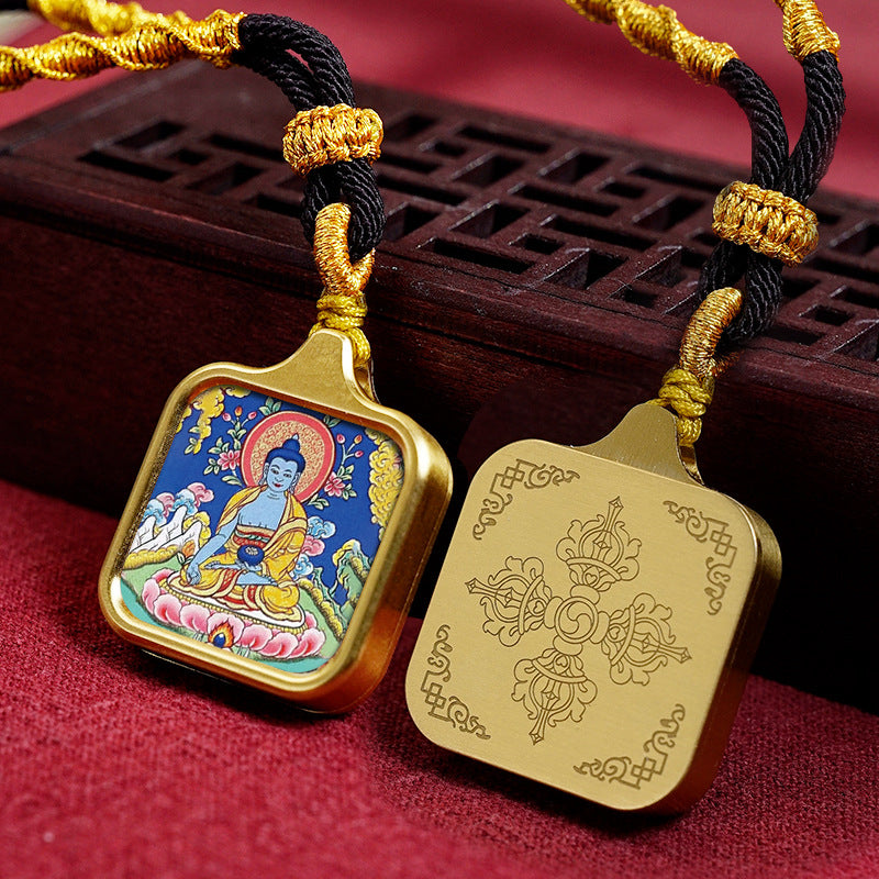 Hand-painted Tibetan Thangka Titanium Steel Gawu Box Pendant Necklace Amulet