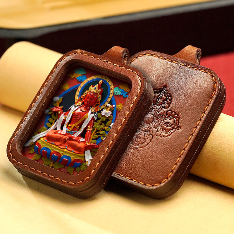 Hand-Painted Cinnabar Buddha Thangka Necklace Leather Gawu Box