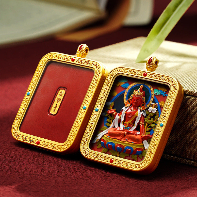 Tibetan Hand-Painted Cinnabar Square Plaque Brass Gawu Box Thangka