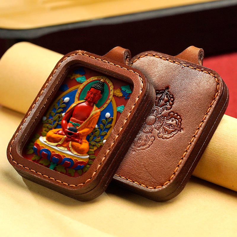 Hand-Painted Cinnabar Buddha Thangka Necklace Leather Gawu Box