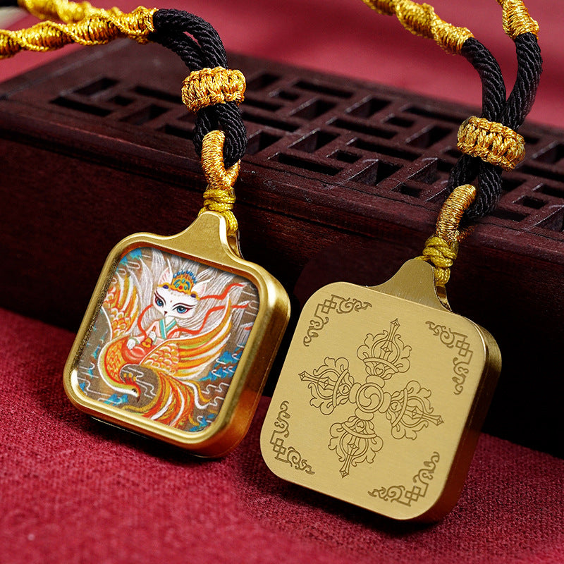 Hand-painted Tibetan Thangka Titanium Steel Gawu Box Pendant Necklace Amulet