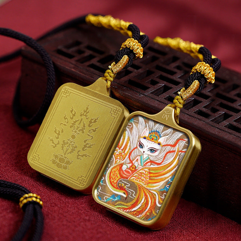 Hand-painted Tibetan Thangka Titanium Steel Gawu Box Pendant Necklace Amulet