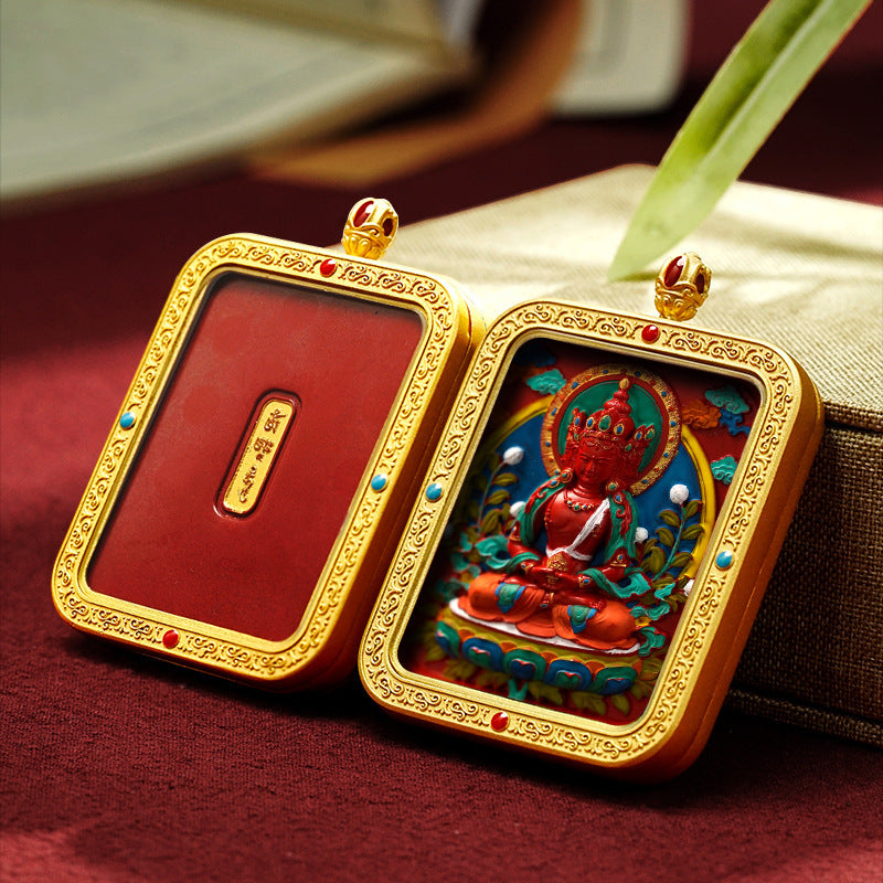 Tibetan Hand-Painted Cinnabar Square Plaque Brass Gawu Box Thangka