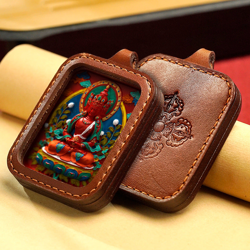 Hand-Painted Cinnabar Buddha Thangka Necklace Leather Gawu Box