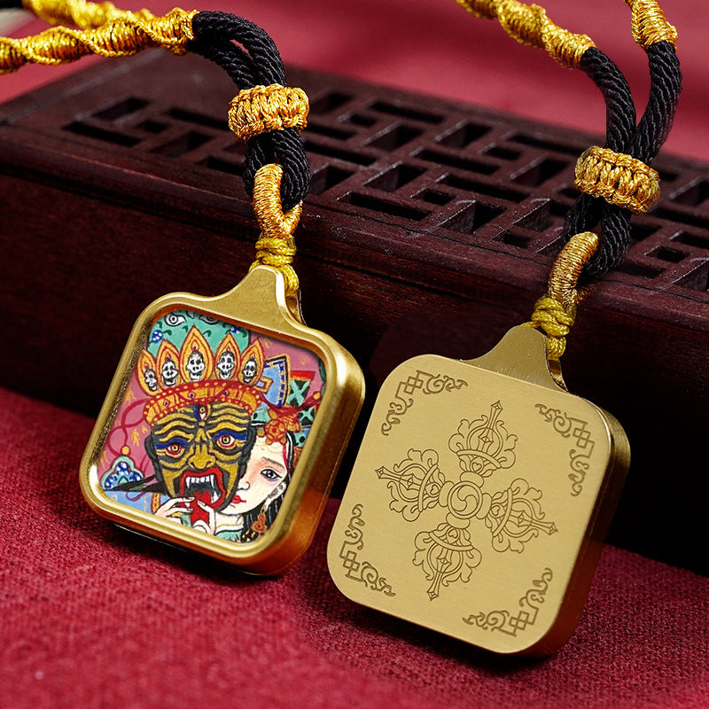 Hand-painted Tibetan Thangka Titanium Steel Gawu Box Pendant Necklace Amulet