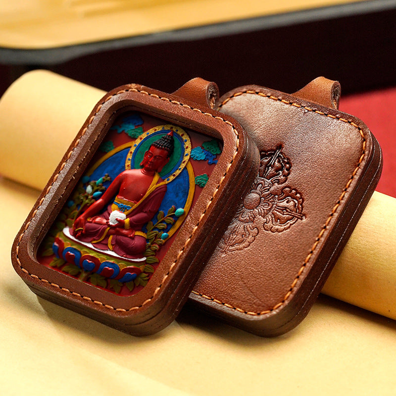 Hand-Painted Cinnabar Buddha Thangka Necklace Leather Gawu Box