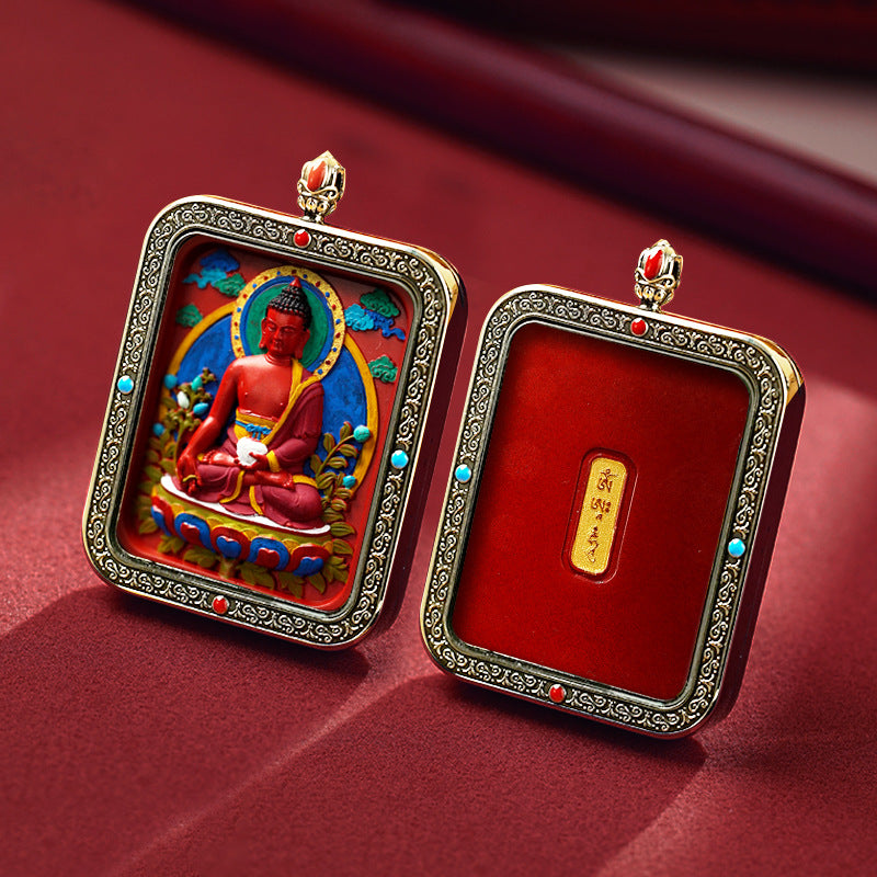 Tibetan Hand-Painted Zodiac Buddha Cinnabar Three-Dimensional Pendant Thangka