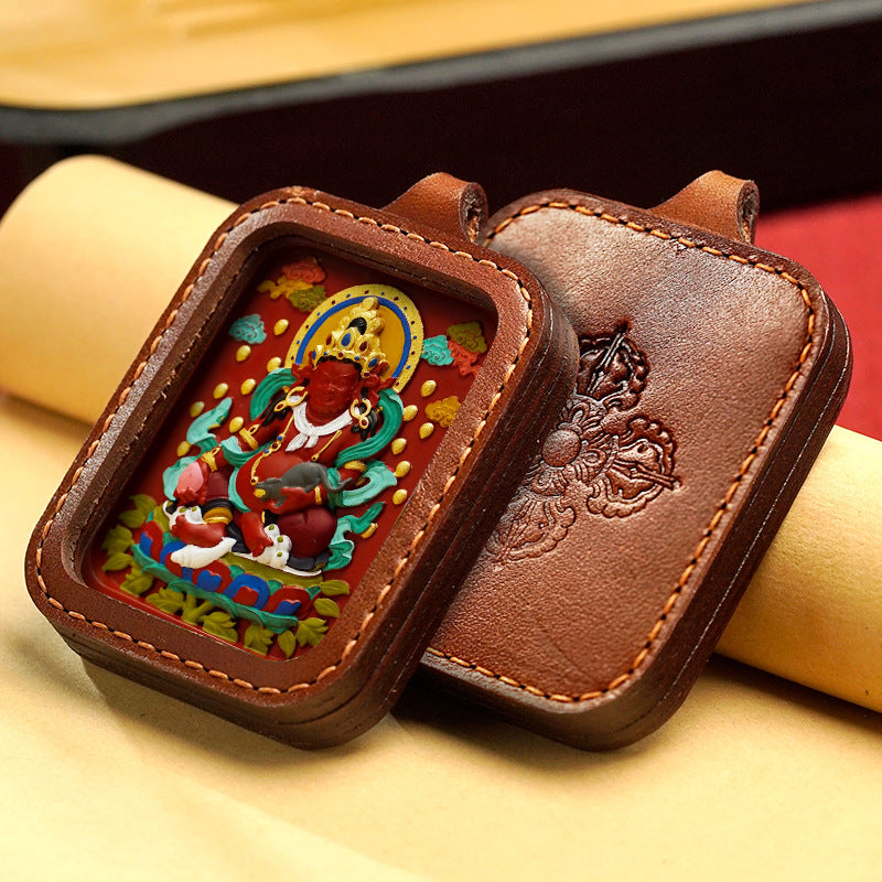 Hand-Painted Cinnabar Buddha Thangka Necklace Leather Gawu Box