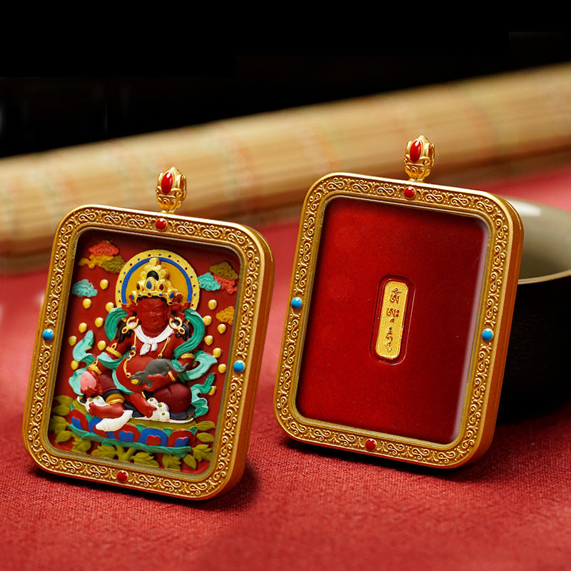 Tibetan Hand-Painted Cinnabar Square Plaque Brass Gawu Box Thangka