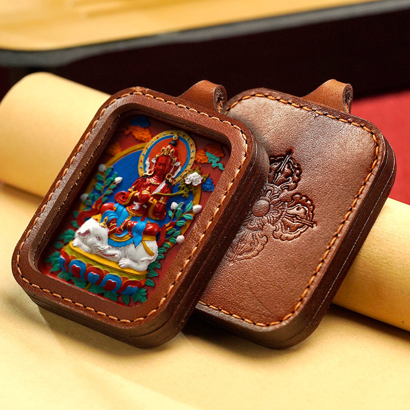 Hand-Painted Cinnabar Buddha Thangka Necklace Leather Gawu Box