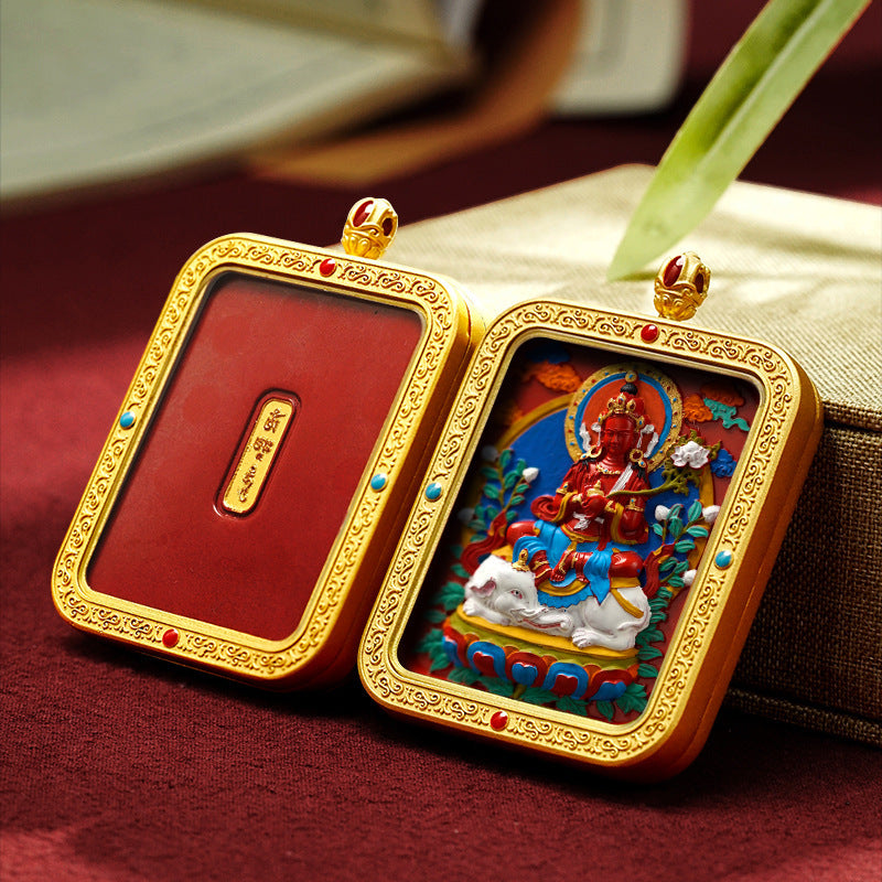 Tibetan Hand-Painted Cinnabar Square Plaque Brass Gawu Box Thangka