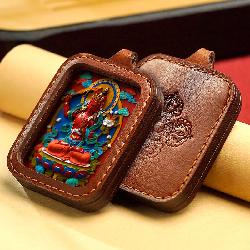 Hand-Painted Cinnabar Buddha Thangka Necklace Leather Gawu Box