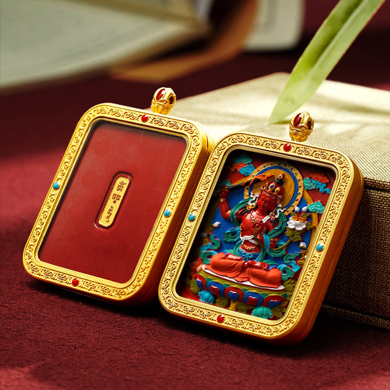 Tibetan Hand-Painted Cinnabar Square Plaque Brass Gawu Box Thangka