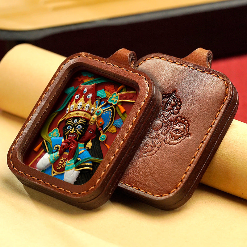 Hand-Painted Cinnabar Buddha Thangka Necklace Leather Gawu Box