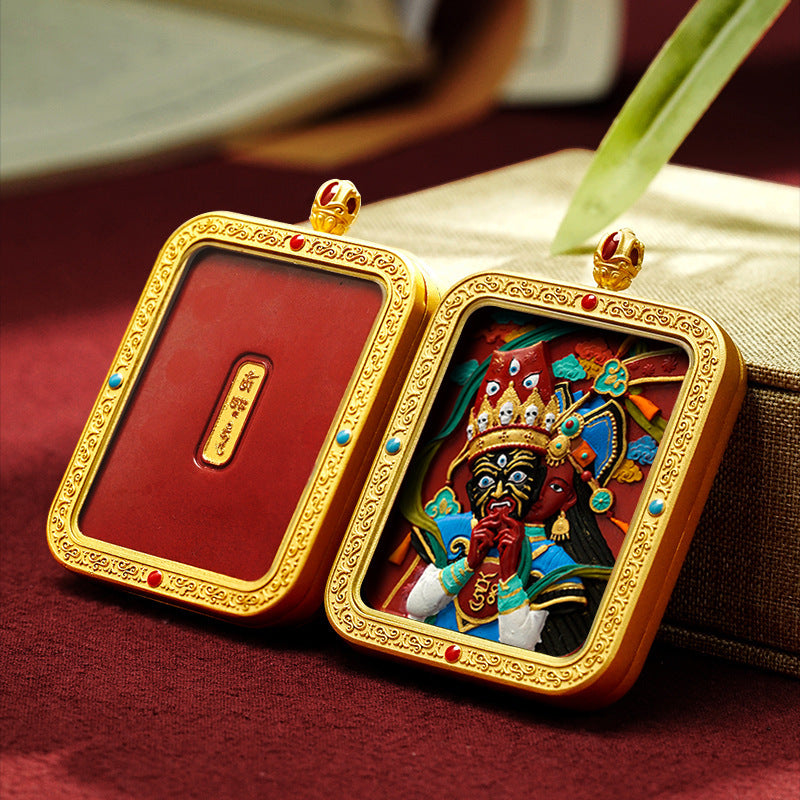 Tibetan Hand-Painted Cinnabar Square Plaque Brass Gawu Box Thangka