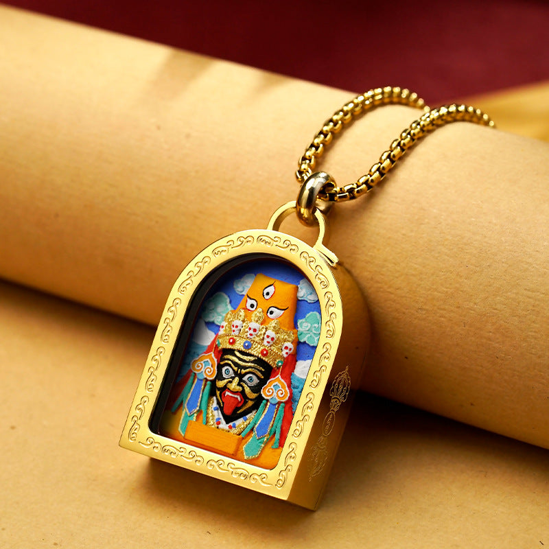 Tibetan Titanium Steel Gawu Box Hand-Painted Three-Dimensional Thangka Pendant